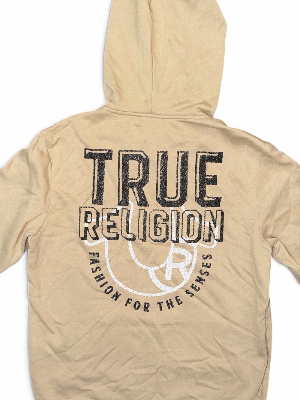 True Religion Beige Hoodie with Black & White Back Logo